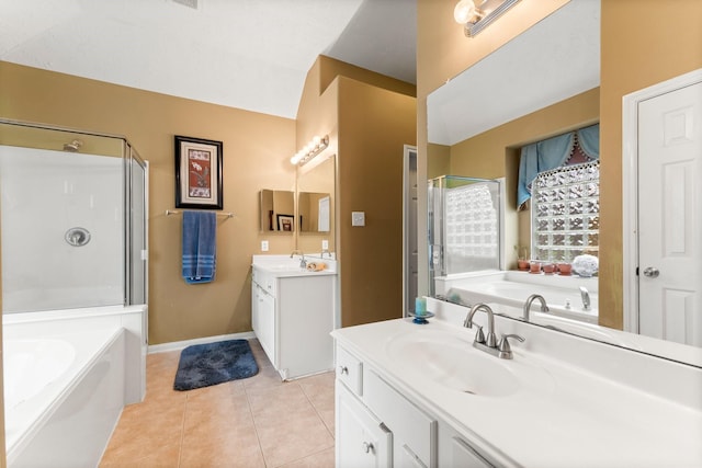 bathroom with vanity, separate shower and tub, and tile patterned flooring