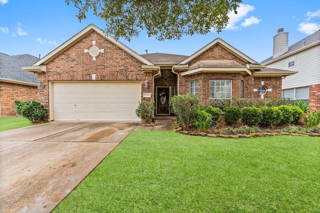 view of front of home with a garage and a front lawn