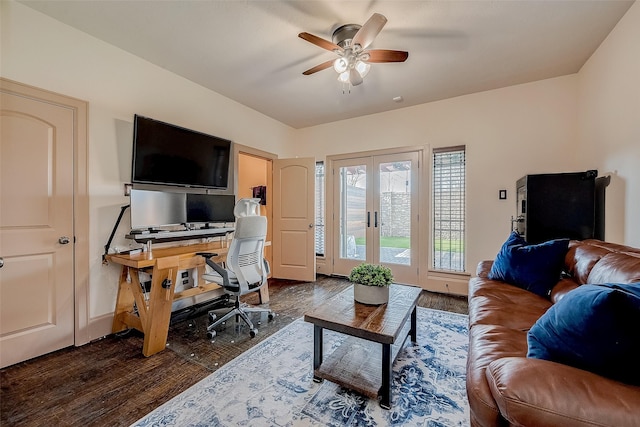 home office with ceiling fan, dark hardwood / wood-style flooring, and french doors