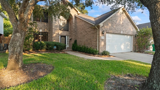 view of front facade with a front lawn, concrete driveway, a shingled roof, a garage, and brick siding