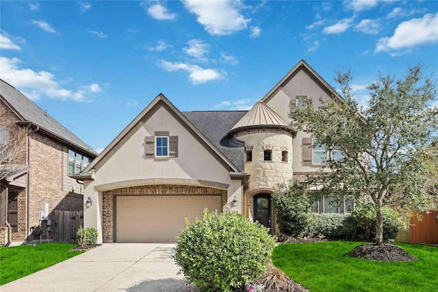 french country home with a garage and a front yard