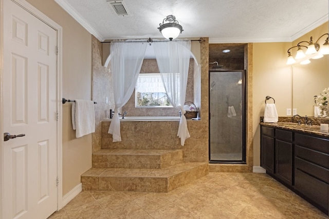 bathroom featuring vanity, a textured ceiling, a shower with shower door, and ornamental molding