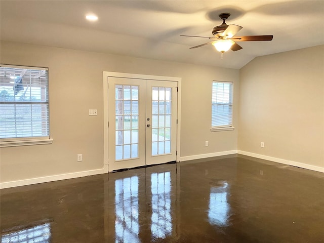 doorway to outside featuring vaulted ceiling, french doors, and ceiling fan