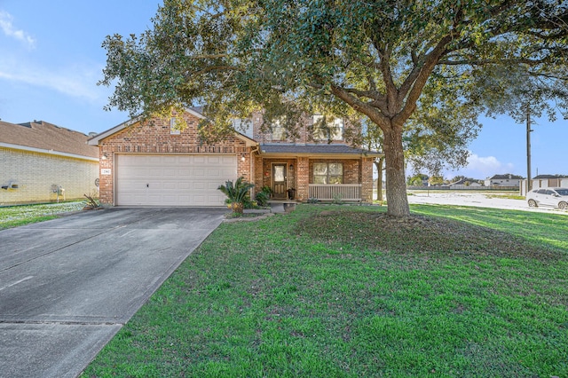 view of front facade with a garage, a porch, and a front yard