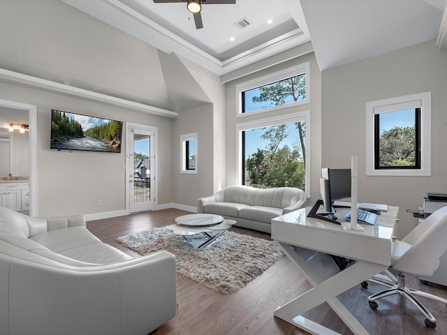 living room with hardwood / wood-style flooring, plenty of natural light, a raised ceiling, and a high ceiling