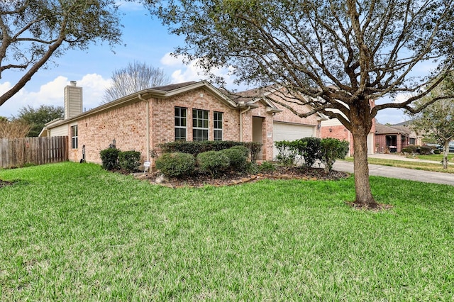 ranch-style home with an attached garage, brick siding, fence, concrete driveway, and a chimney