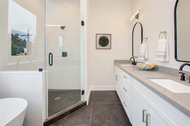 bathroom with vanity, separate shower and tub, and tile patterned floors