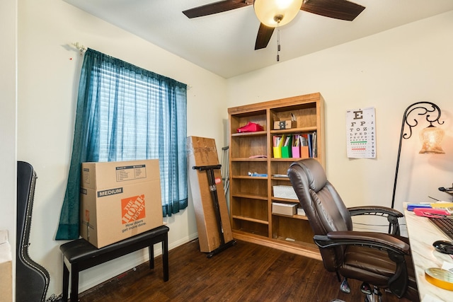 office with dark wood-type flooring and ceiling fan