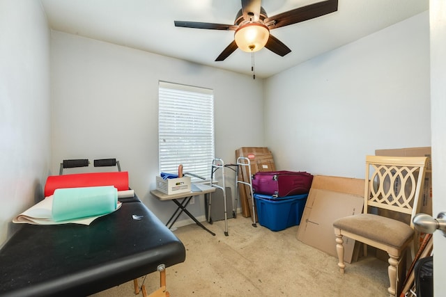 carpeted office space with ceiling fan