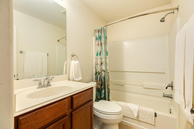 full bathroom with vanity, toilet, and shower / tub combo with curtain