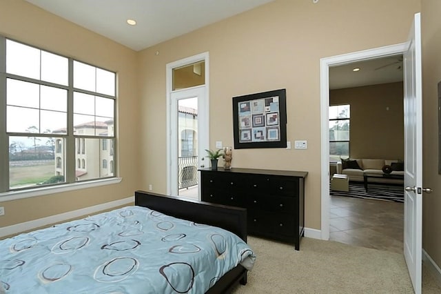 bedroom with light carpet