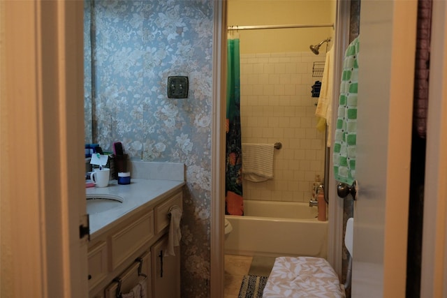 full bathroom featuring shower / tub combo with curtain, vanity, toilet, and tile patterned floors