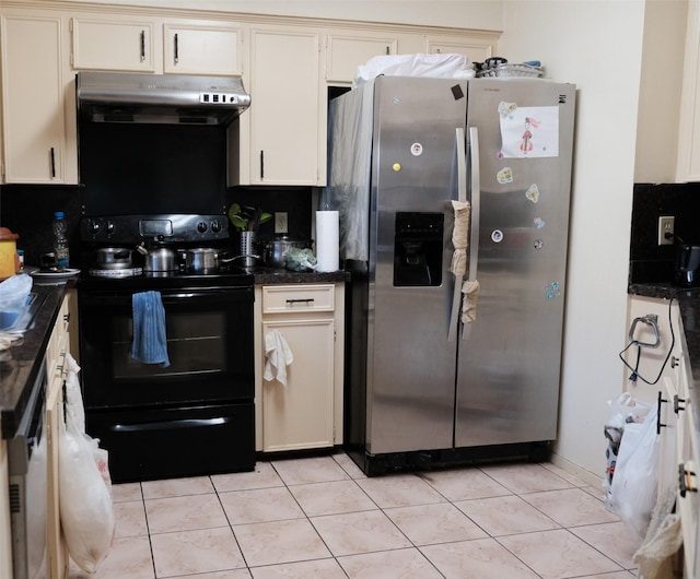 kitchen featuring black electric range, light tile patterned floors, and stainless steel fridge with ice dispenser