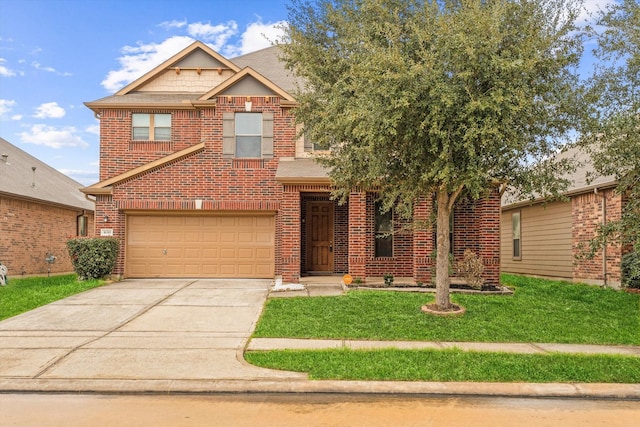 view of front of house featuring an attached garage, driveway, brick siding, and a front yard