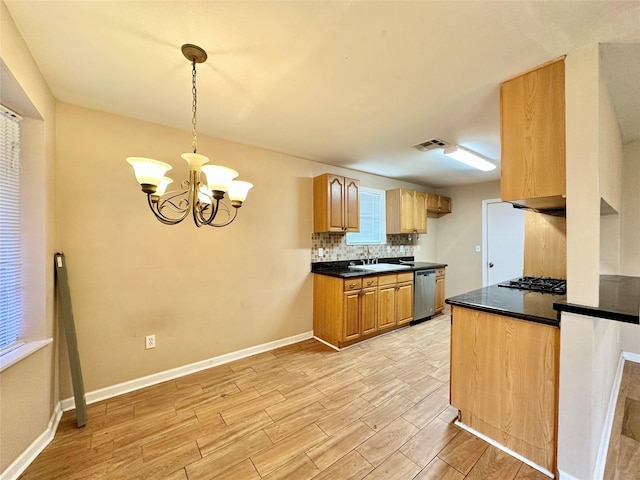 kitchen featuring pendant lighting, sink, stainless steel appliances, light hardwood / wood-style floors, and decorative backsplash