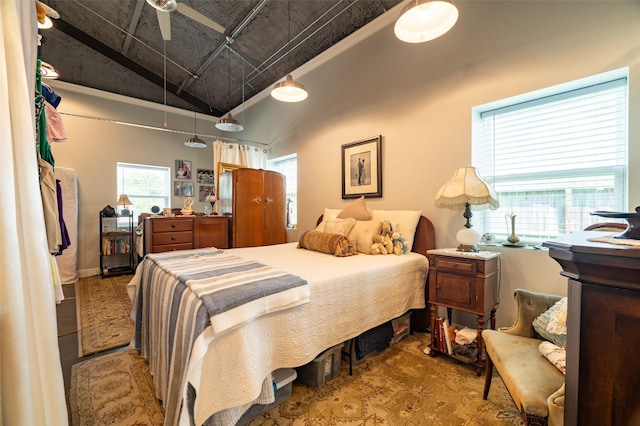 bedroom with carpet flooring and a high ceiling