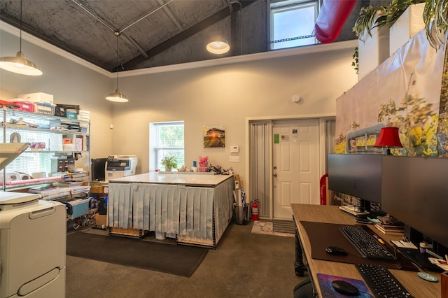 carpeted office space with high vaulted ceiling