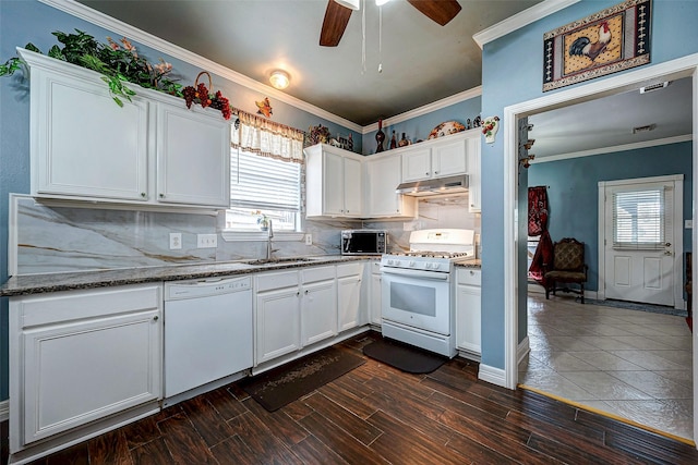 kitchen featuring under cabinet range hood, white appliances, a sink, ornamental molding, and tasteful backsplash