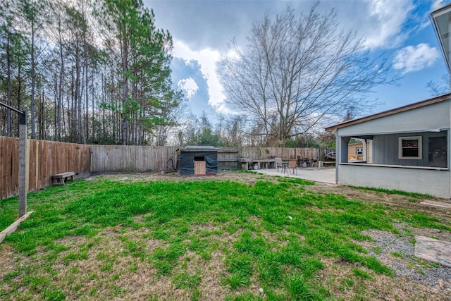 view of yard with a patio, an outdoor structure, and a fenced backyard