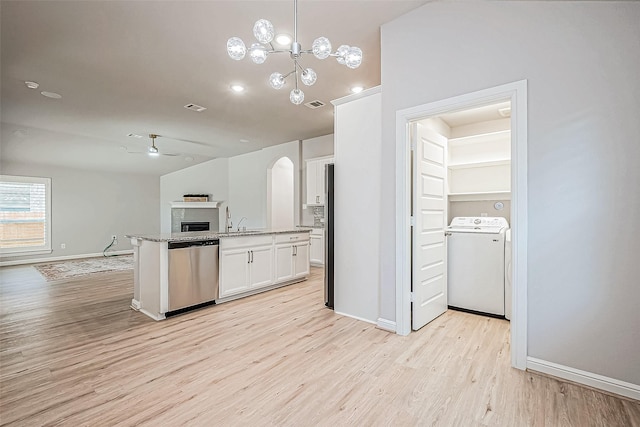 kitchen with decorative light fixtures, dishwasher, washer / clothes dryer, light hardwood / wood-style floors, and white cabinets