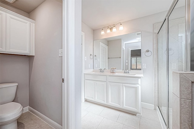 bathroom featuring tile patterned flooring, vanity, toilet, and walk in shower