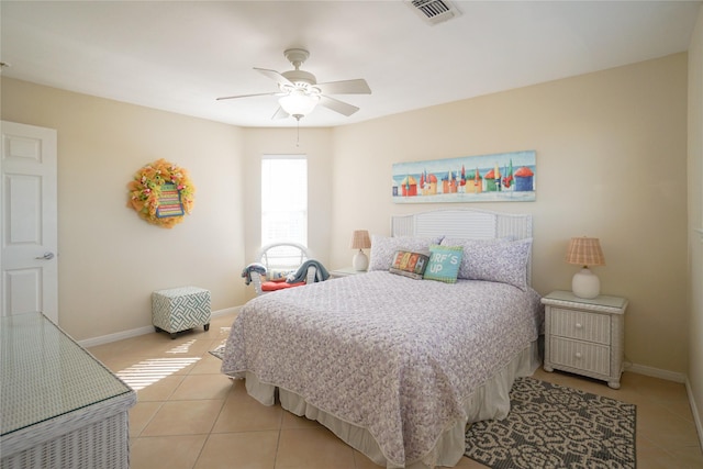 bedroom with light tile patterned floors and ceiling fan