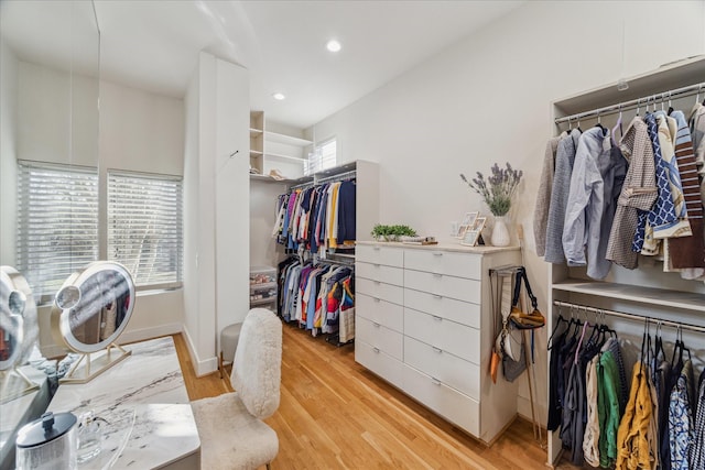 spacious closet with light hardwood / wood-style flooring