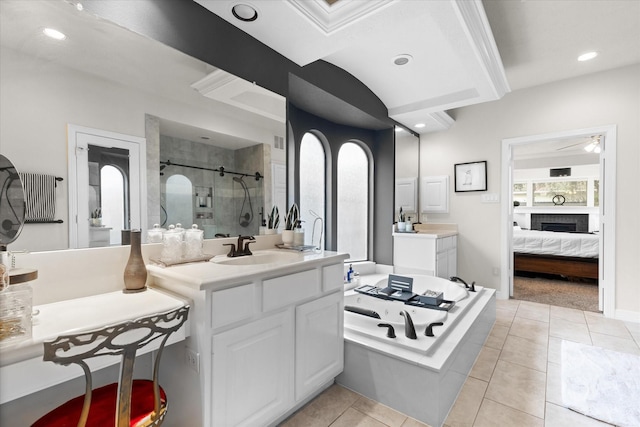 bathroom with vanity, ceiling fan, tile patterned floors, and separate shower and tub