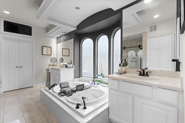 bathroom with vanity, tile patterned flooring, and separate shower and tub