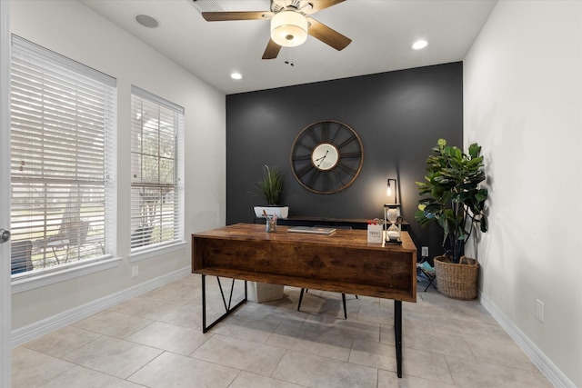 tiled office space with ceiling fan