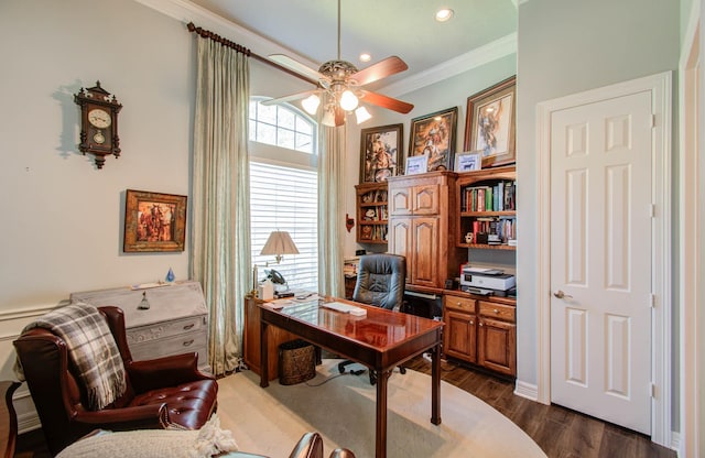 office featuring ornamental molding, dark hardwood / wood-style floors, and ceiling fan