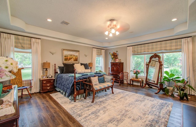 bedroom with dark hardwood / wood-style floors, a raised ceiling, and a textured ceiling