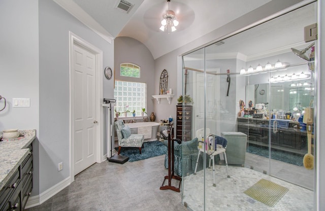 bathroom with ceiling fan, vanity, plus walk in shower, and vaulted ceiling