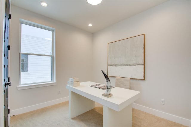 office area featuring light colored carpet