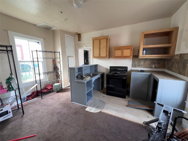 kitchen with black / electric stove, light colored carpet, light brown cabinetry, and sink