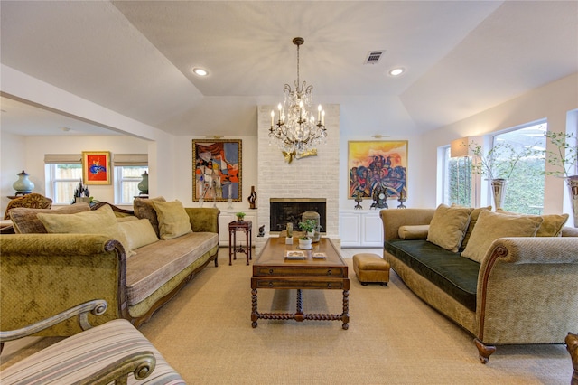 living room featuring a brick fireplace, light carpet, and lofted ceiling