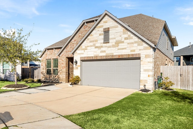 view of front of house with driveway, brick siding, roof with shingles, and fence