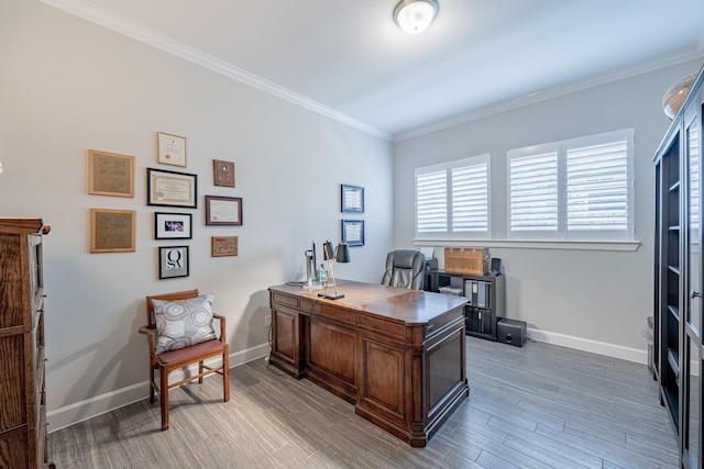 office space featuring ornamental molding and wood-type flooring