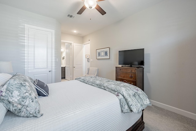 bedroom featuring ceiling fan and carpet floors