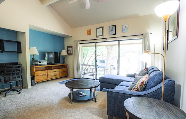 living room with beamed ceiling, high vaulted ceiling, carpet flooring, and ceiling fan