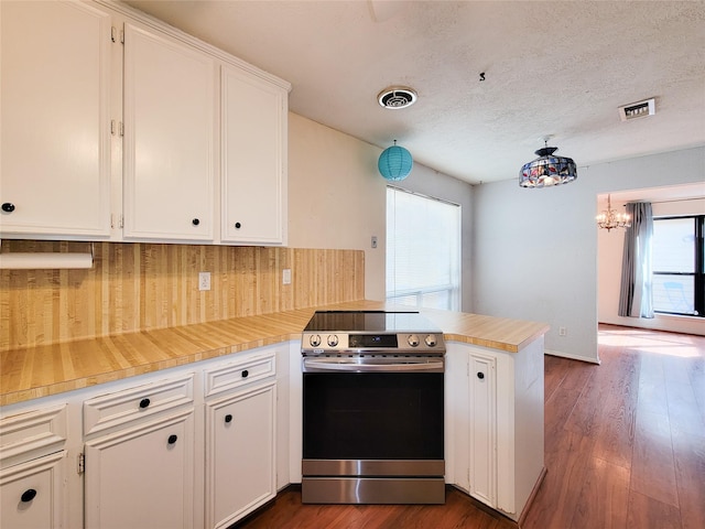 kitchen featuring white cabinetry, dark hardwood / wood-style flooring, kitchen peninsula, and electric range