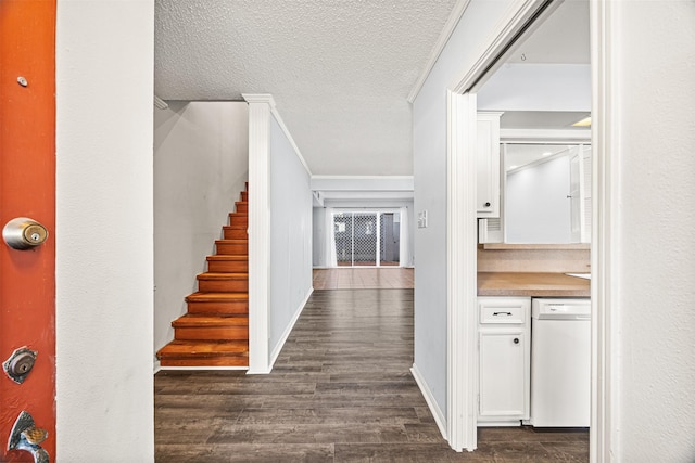 foyer featuring crown molding, dark hardwood / wood-style floors, and a textured ceiling