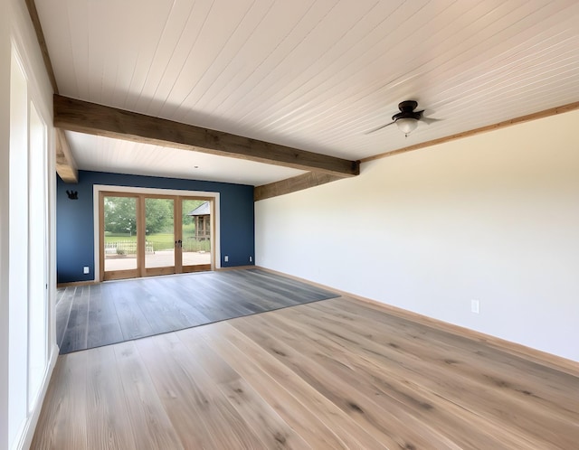 spare room with french doors, ceiling fan, beam ceiling, and light hardwood / wood-style floors