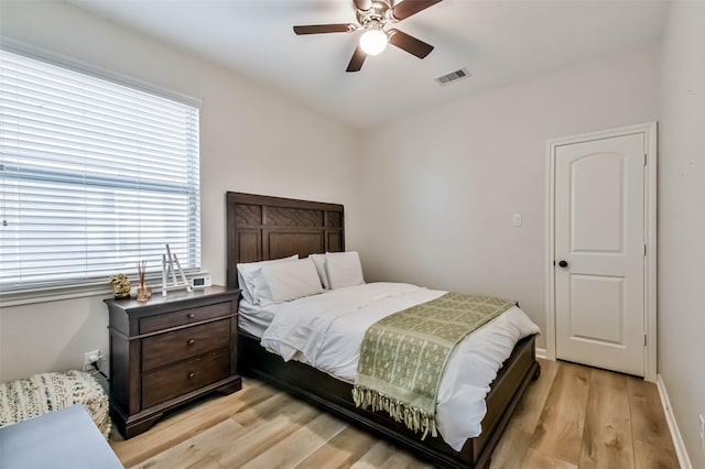 bedroom featuring ceiling fan and light hardwood / wood-style floors