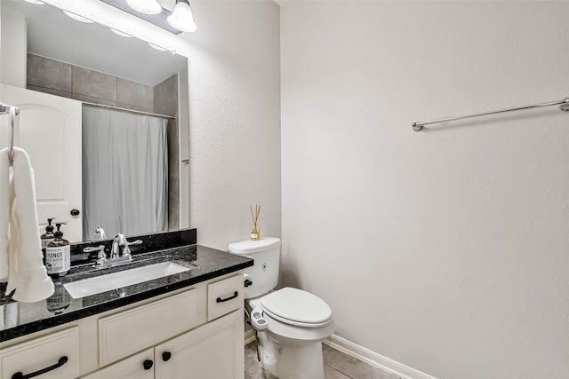 bathroom with tile patterned flooring, vanity, toilet, and a shower with shower curtain