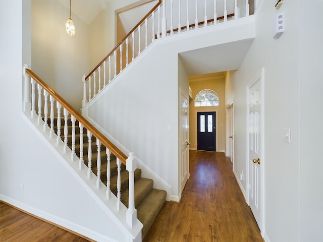 foyer entrance featuring a towering ceiling and dark hardwood / wood-style floors