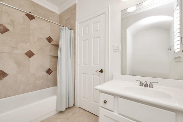 bathroom featuring crown molding, shower / tub combo, and vanity