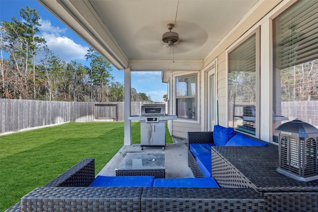 view of patio with a grill, outdoor lounge area, and ceiling fan