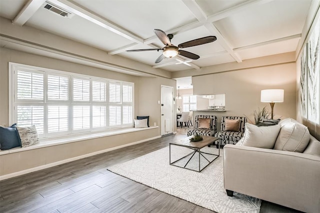 living room featuring dark wood-type flooring, ceiling fan, coffered ceiling, and beamed ceiling