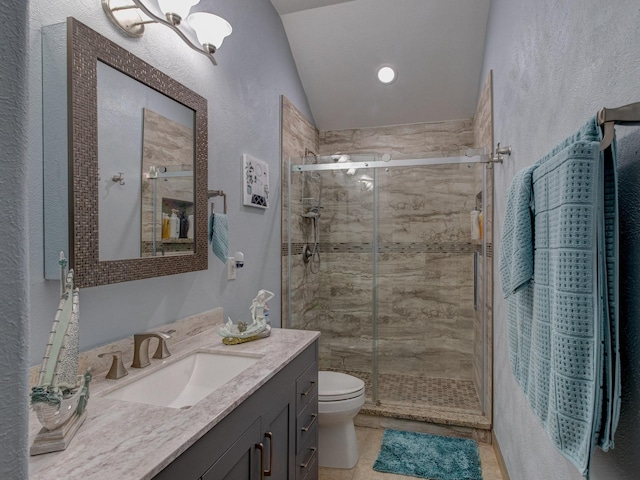 bathroom featuring vanity, vaulted ceiling, a shower with door, and toilet